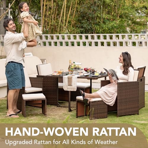 9 Pieces Patio Dining Set Rattan Chairs Glass Table Cushioned Seating W747