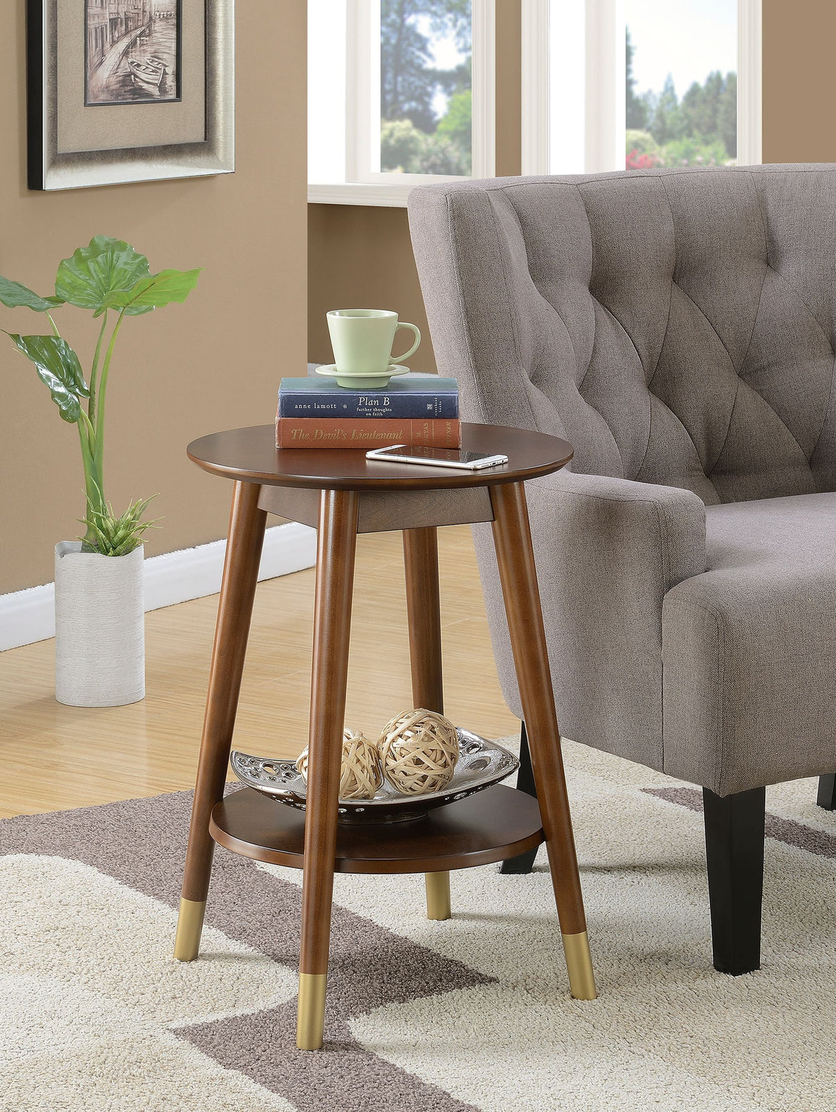 Mid Century Round End Table with Bottom Shelf L844