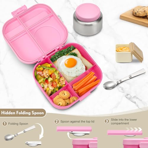 Bento Lunch Box for Kids, 4 Compartments, 12oz Soup Thermo, BPA Free, Leak proof, Blue G7467