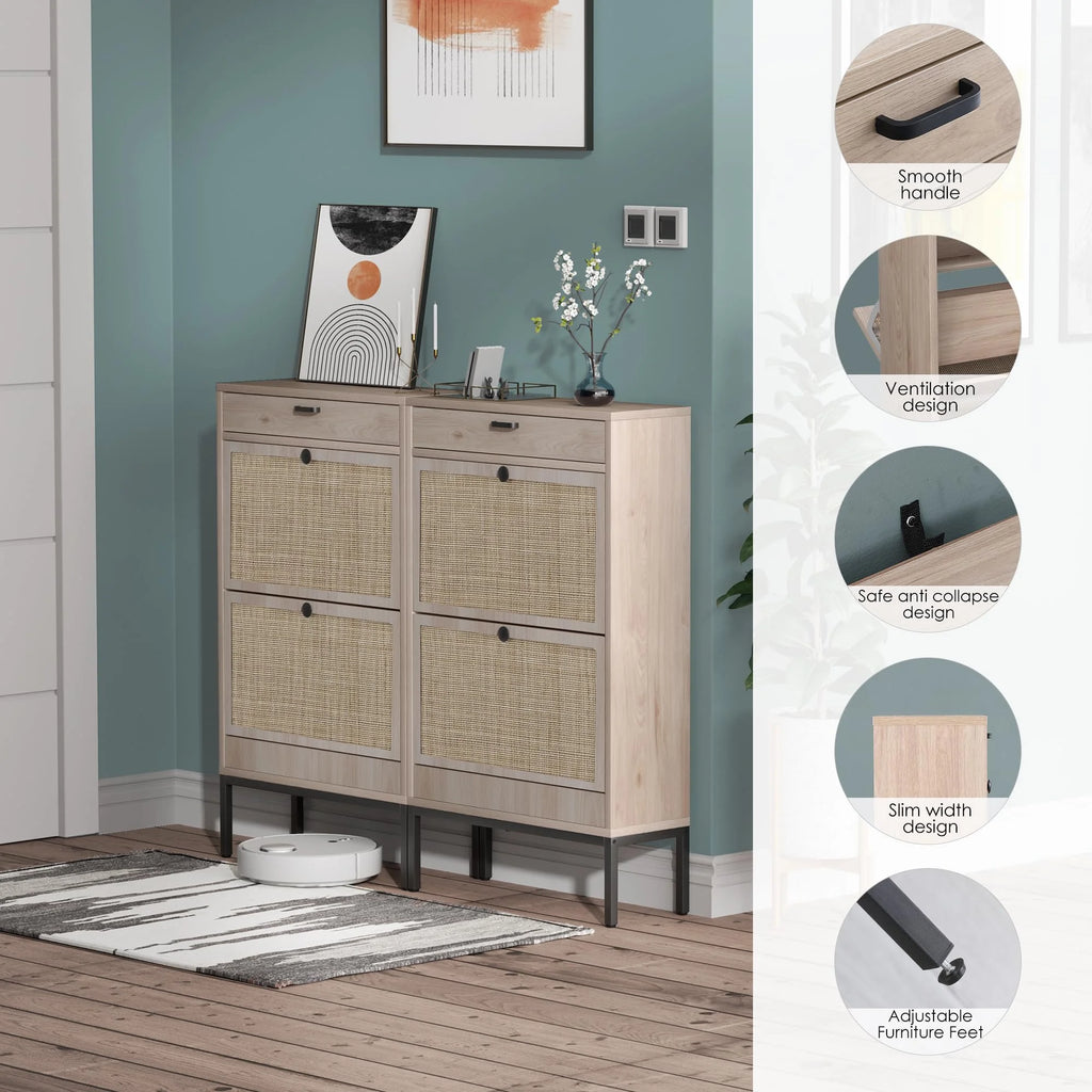 Shoe Storage Cabinet with Flip Drawers and Rattan Doors B337