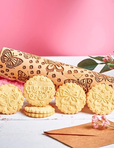 Wooden Embossed Rolling Pin with Butterfly Pattern R253294