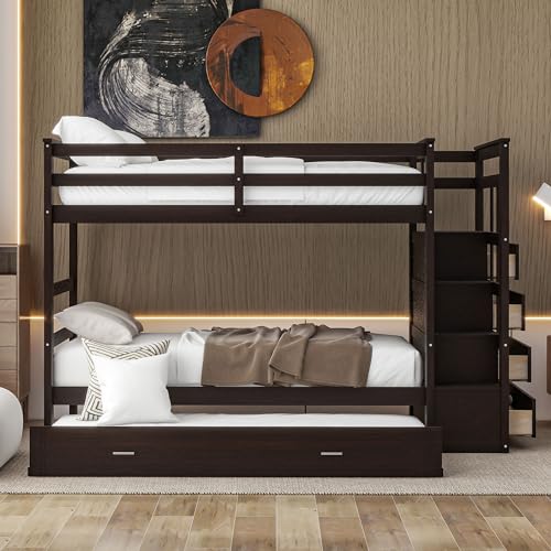 Full Over Full Wood Bunk Bed with Twin Trundle and Stairs, Espresso S7265