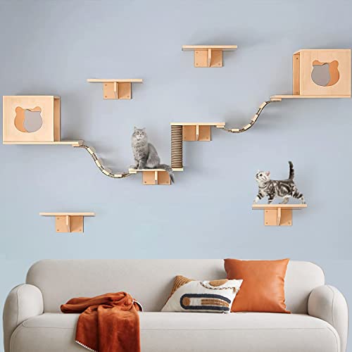 Solid Wood Wall Mounted Cat Shelves and Perches with 4 Cat Condos, 8 Shelves, 2 Ladder, 3 Sisal Cat Scratching Post R947936