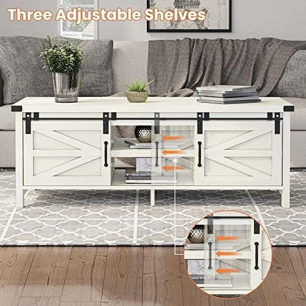 Farmhouse Coffee Table with Hidden Compartment and Cabinets Shelves Wood Rectangular Tables with Sliding Barn Doors for Living Room Reception (Wash White) U427