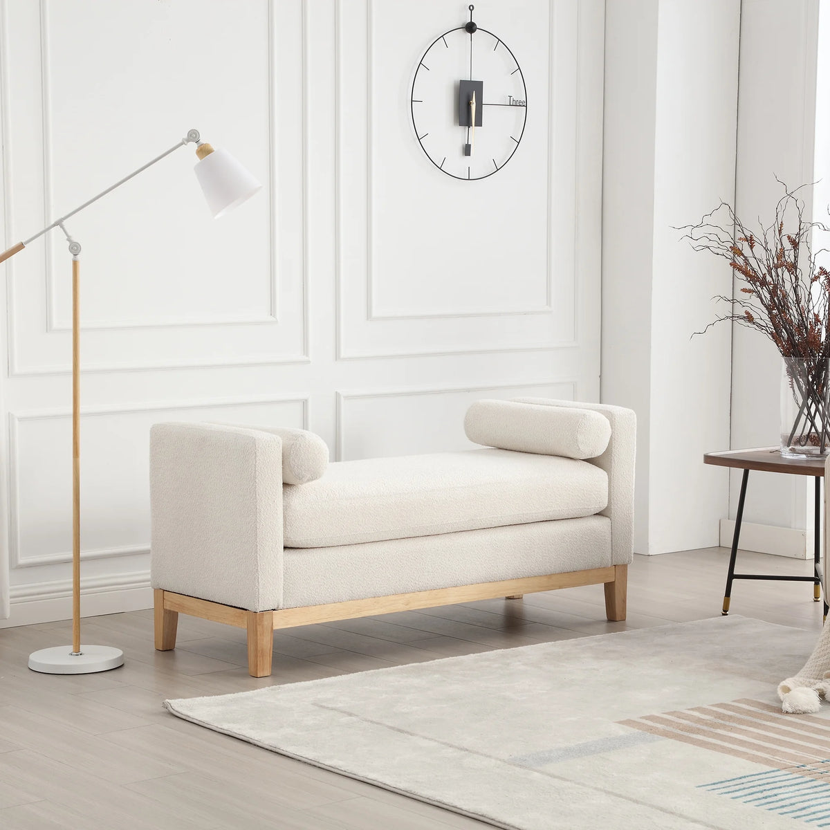 Ivory Upholstered Bench with Wood Legs A6146