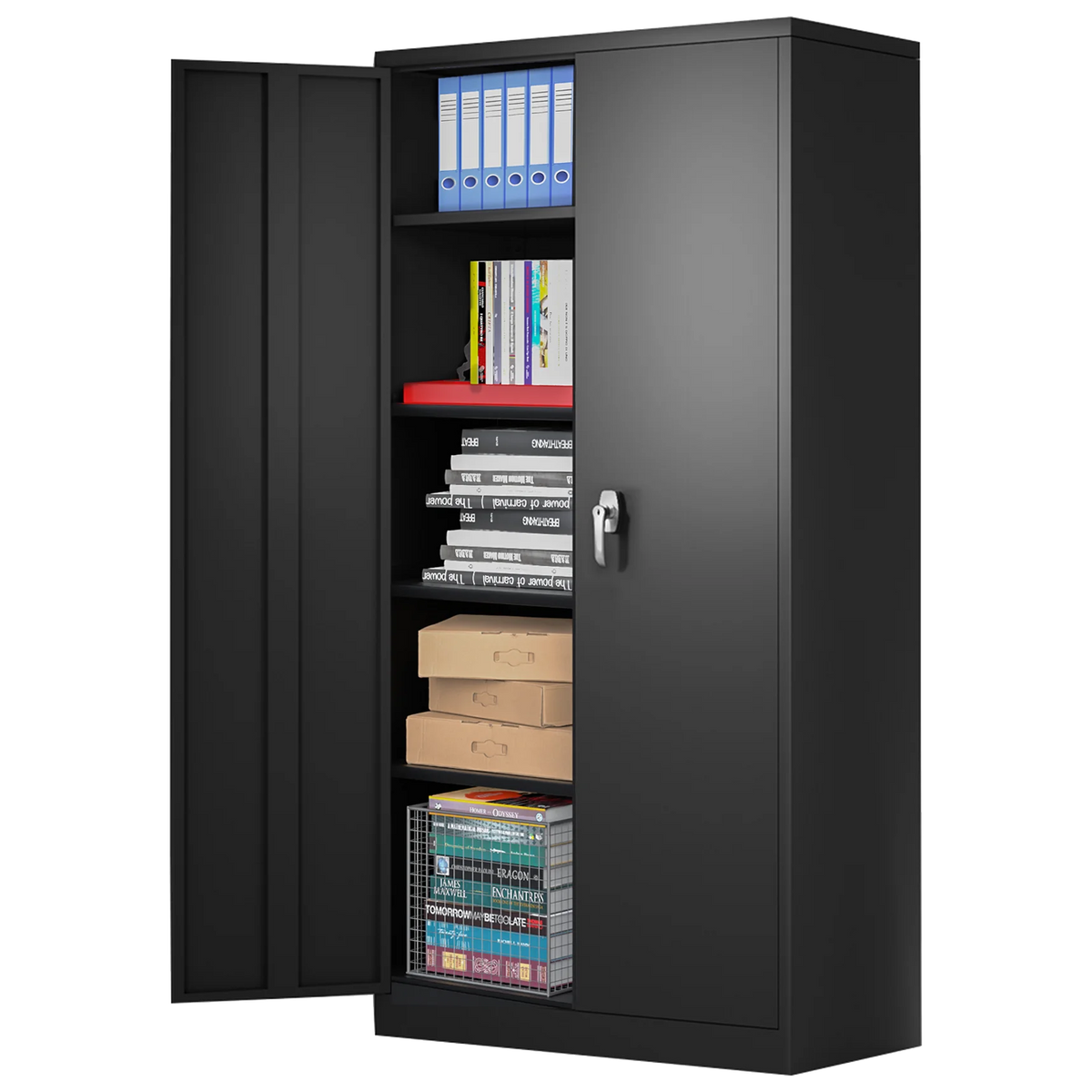 Black Metal Storage Cabinet with 4 Adjustable Shelves J46482