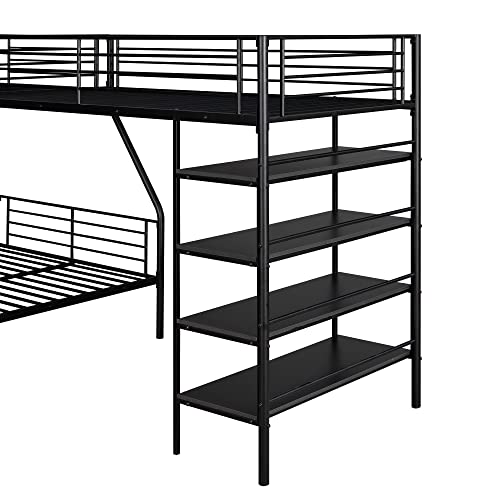 Black Metal Twin Size L-Shaped Loft Bed with Two Built-in Desks R1776