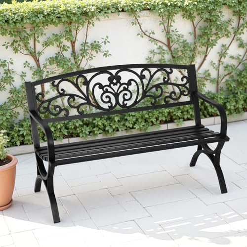 Metal Outdoor Bench with Plastic Mesh Backrest and Armrests Black B2397