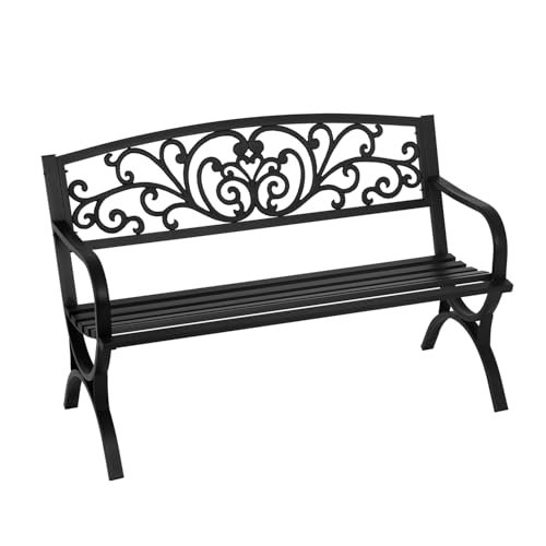 Metal Outdoor Bench with Plastic Mesh Backrest and Armrests Black B2397