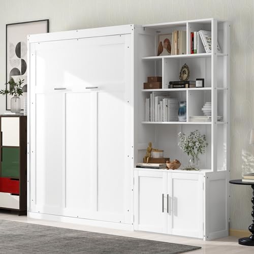 Full Size Solid Wood Foldable Murphy Bed Cabinet with Storage Shelves Y291768