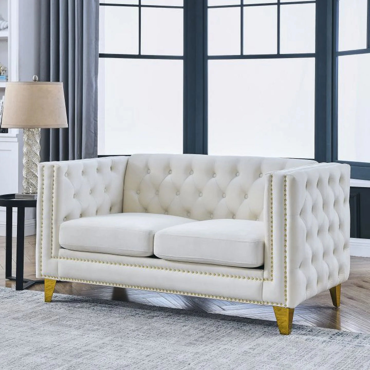 Beige Velvet 2 Seater Tufted Sofa V32079