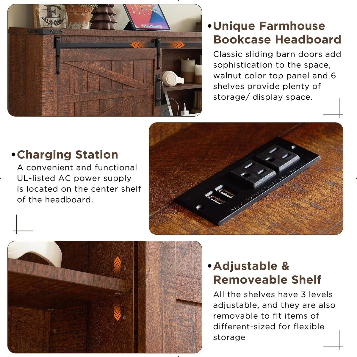 Full Platform Bed with Bookcase Headboard Storage and Charging Station X379780