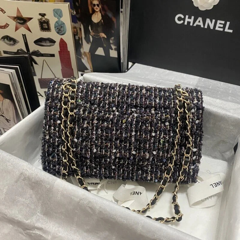 Navy Blue Multicolor Glittered Tweed Bag I38489