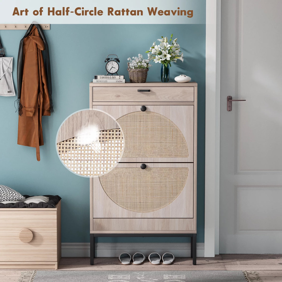 Shoe Storage Cabinet with Flip Drawers and Rattan Doors B337