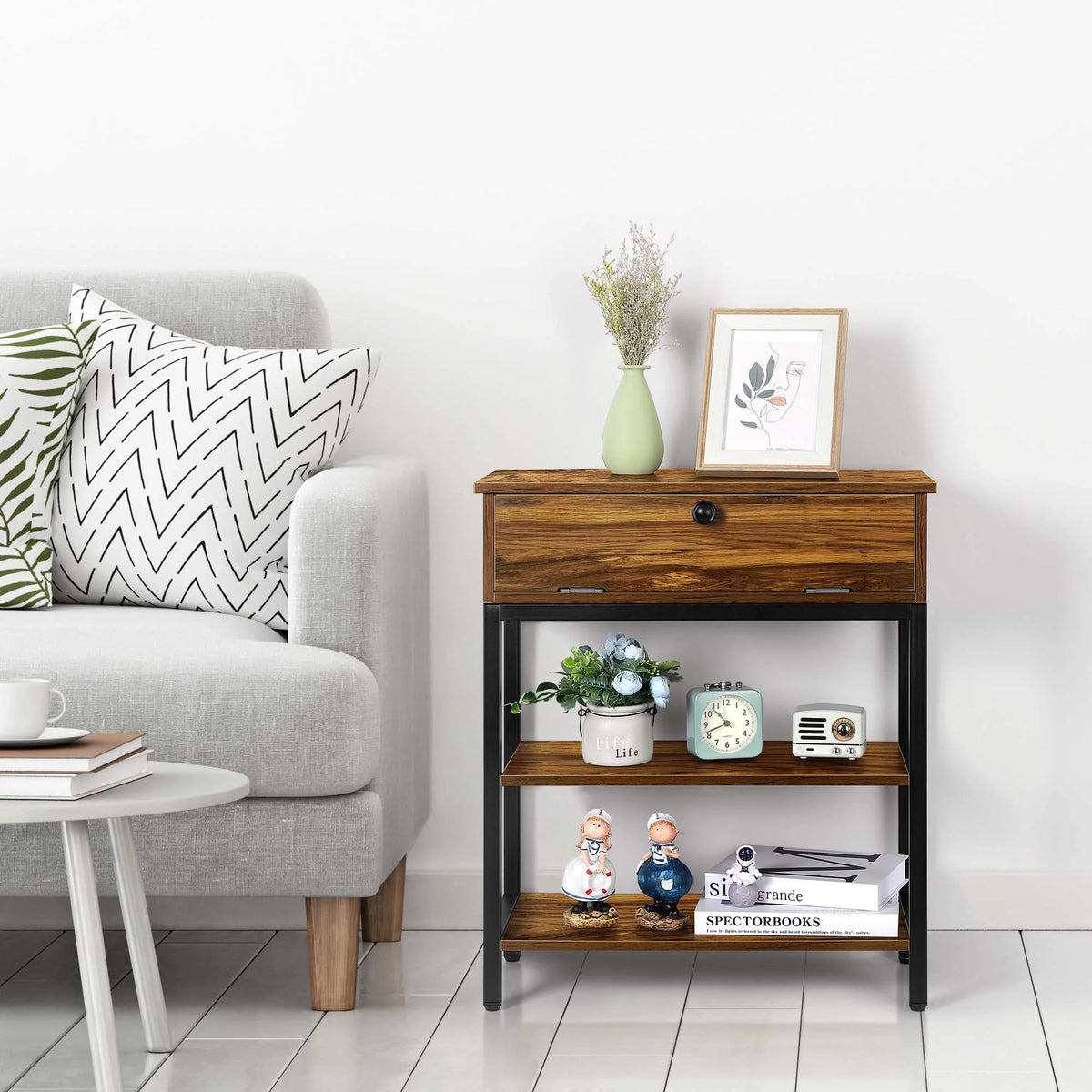 Brown Narrow End Table with Charging Station and Storage Shelf Y84273
