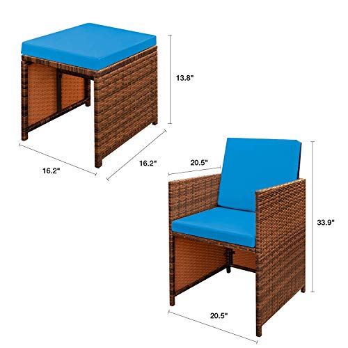 9 Pieces Patio Dining Set Rattan Chairs Glass Table Cushioned Seating W747