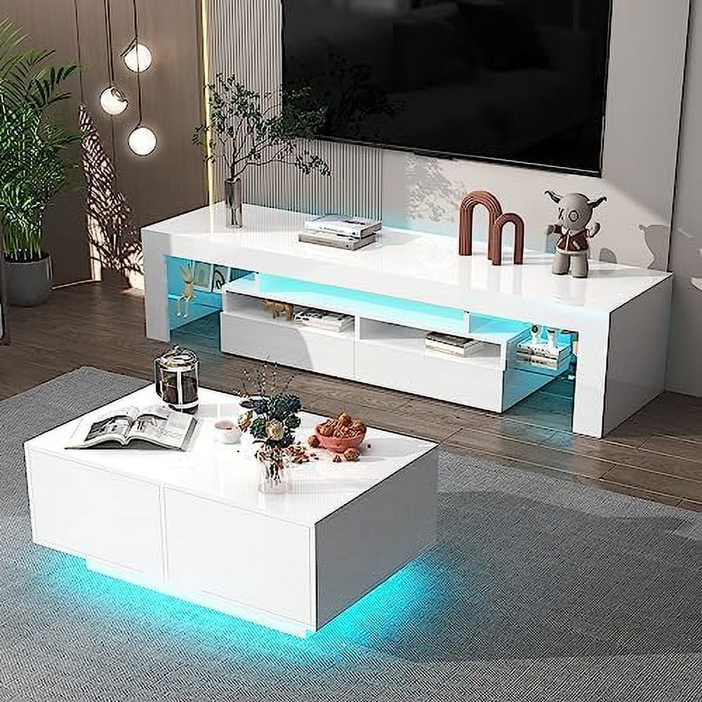 LED Coffee Table with 4 Sliding Drawers White P7835