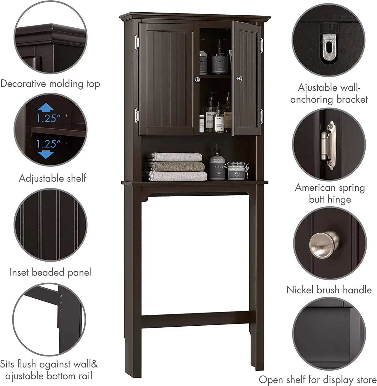 Bathroom Storage Over The Toilet Cabinet with Adjustable Shelves and Double Doors U605