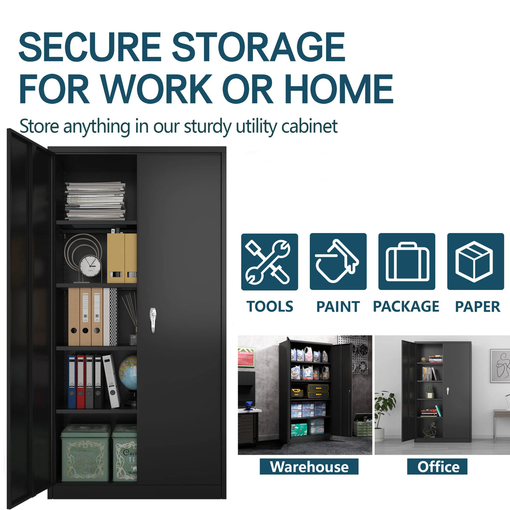 Black Metal Storage Cabinet with 4 Adjustable Shelves J46482