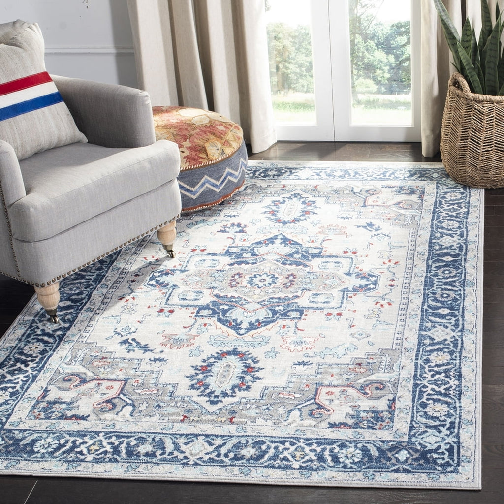 Light Grey Blue Floral Bordered Area Rug O5930