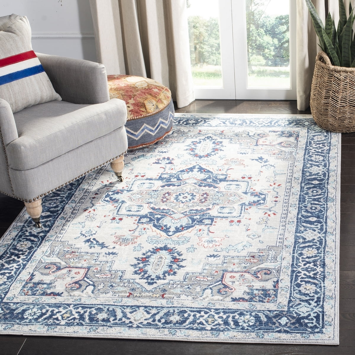 Light Grey Blue Floral Bordered Area Rug O5930
