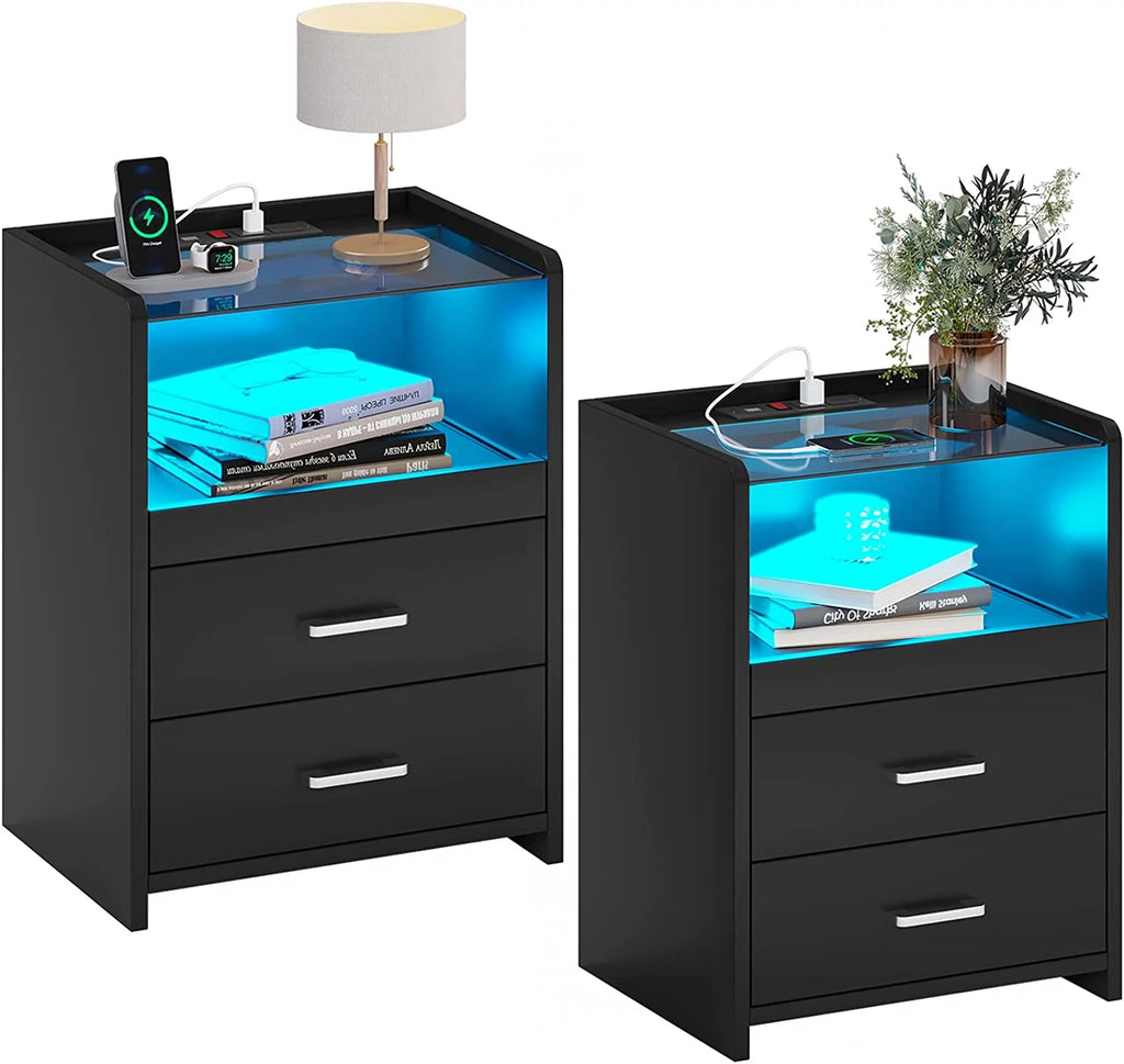 Black Set of 2 LED Nightstand with Charging Station P468423