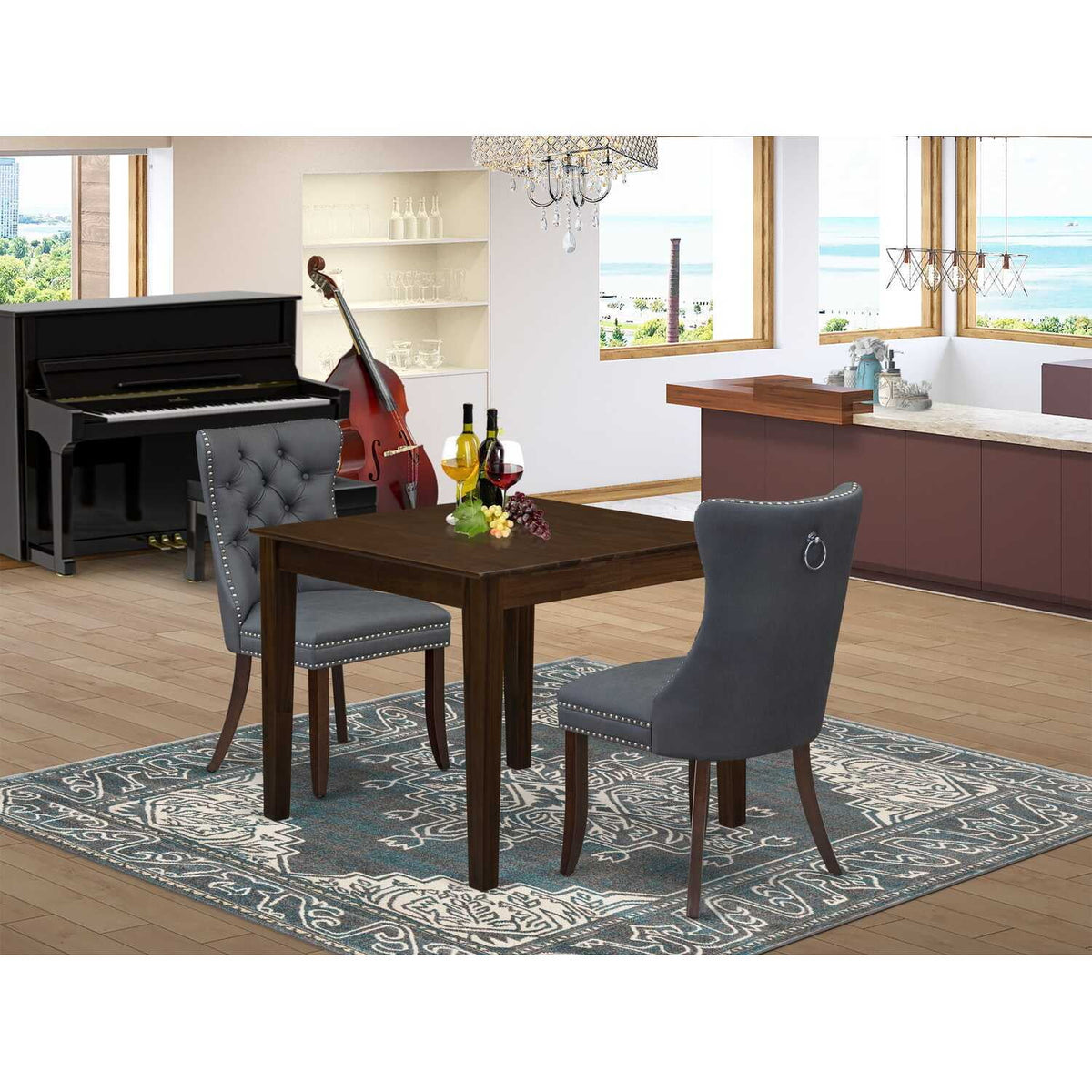3 Piece Dining Room Set with Square Kitchen Table and 2 Upholstered Chairs T2744