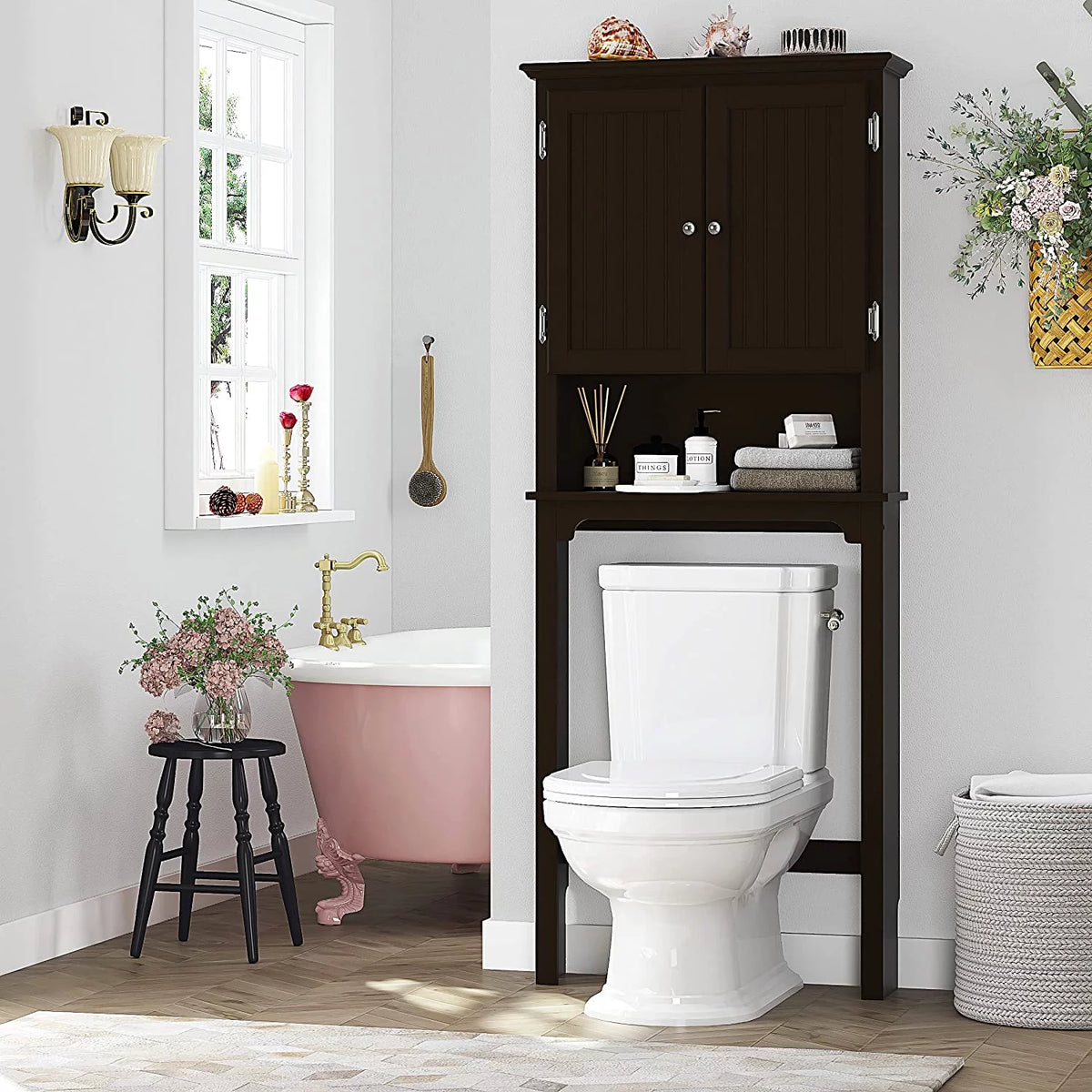 Bathroom Storage Over The Toilet Cabinet with Adjustable Shelves and Double Doors U605