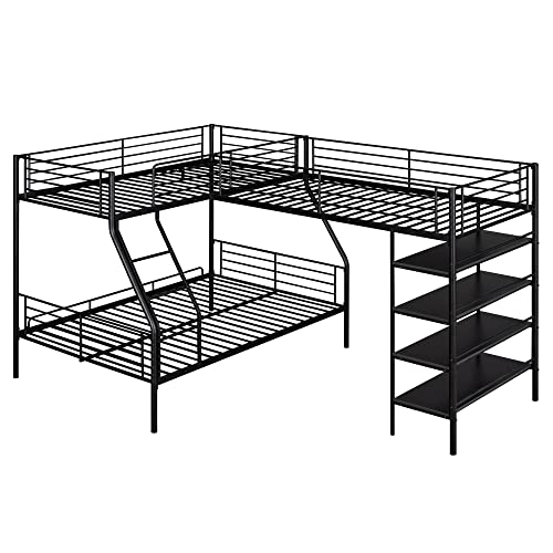 Black Metal Twin Size L-Shaped Loft Bed with Two Built-in Desks R1776