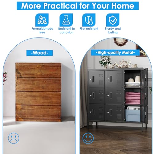 Metal Locker with Padlock and Keys, 9 Doors Black Steel Storage Locker Cabinet V19444