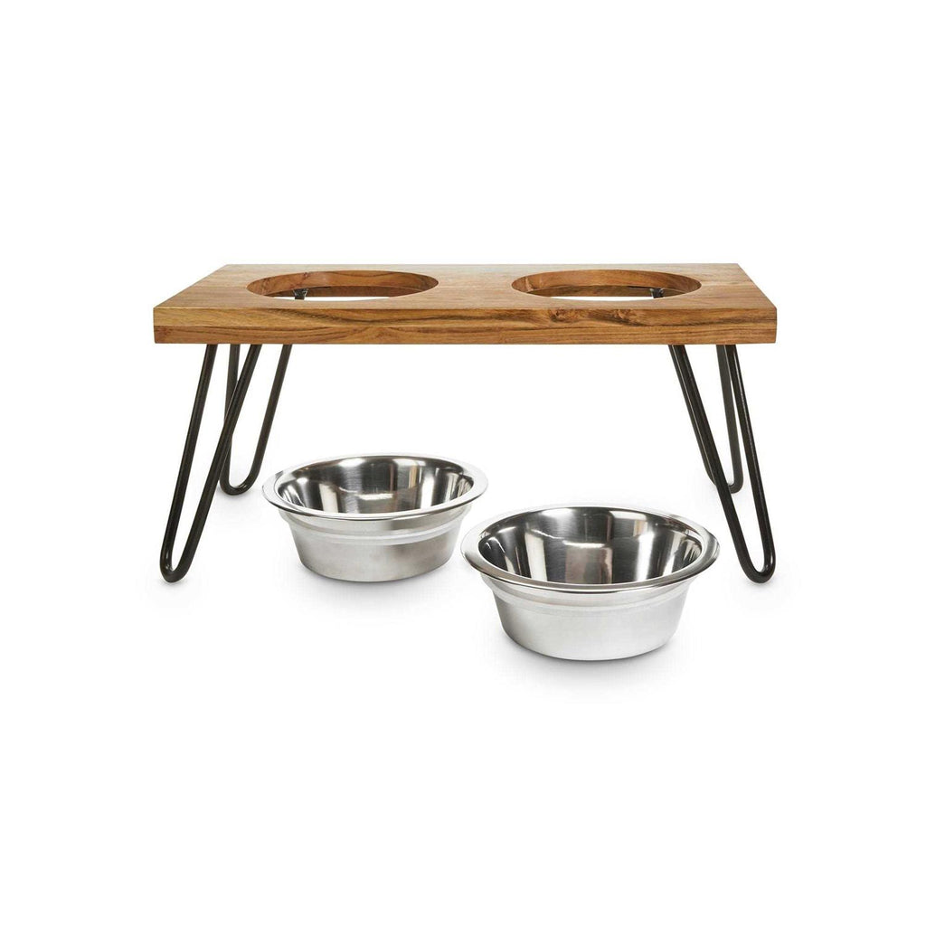 Elevated Wood Double Diner with Stainless-Steel Bowls B477