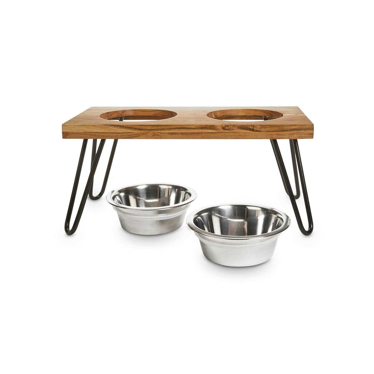 Elevated Wood Double Diner with Stainless-Steel Bowls B477