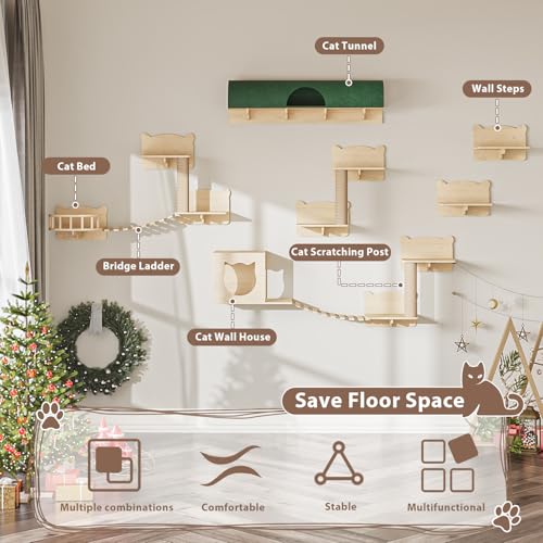 16 Pcs Wooden Cat Wall Shelves with Bed and Scratching Post Y90412