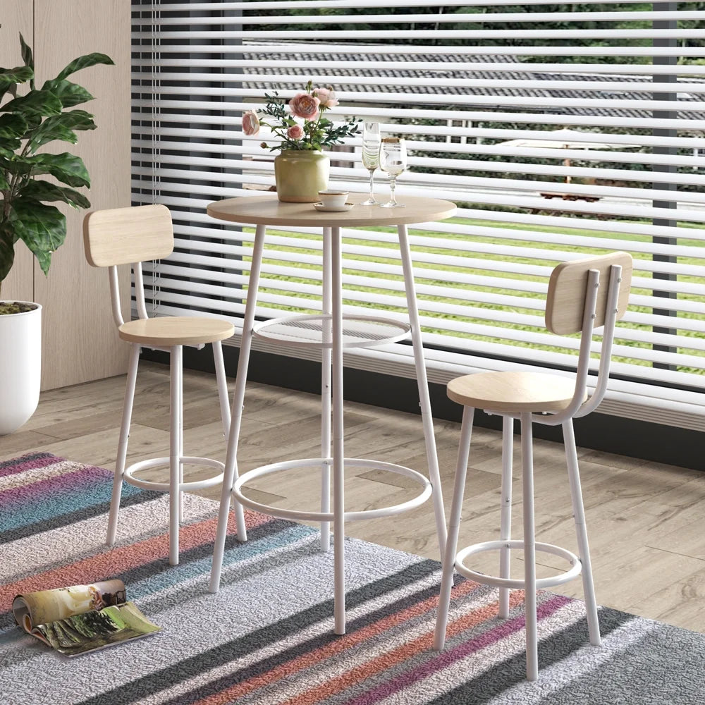 3 Piece Bar Height Pub Table and Stools Set White Oak A2953