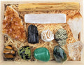 Black Tourmaline Palo Santo Citrine Selenite Pyrite Quartz Crystal Wooden Box J71378