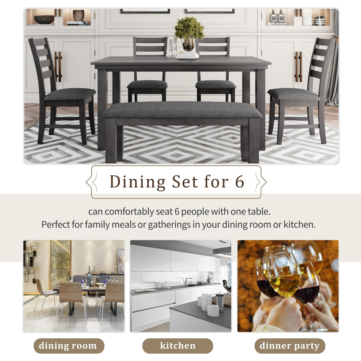 6 Piece Wooden Dining Set with Table, Bench & 4 Chairs V58930