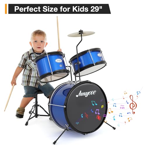 Black 3 Piece Kids Drum Set with Cymbal, Drumsticks, Pedal, Throne Stool S591