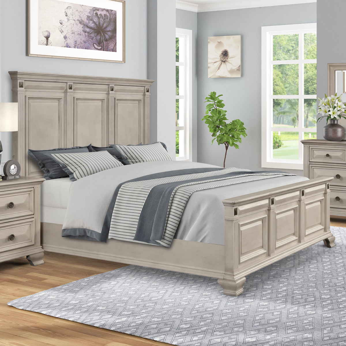 Queen Wood Bedroom Set with Dresser Mirror and Two Nightstands C92082