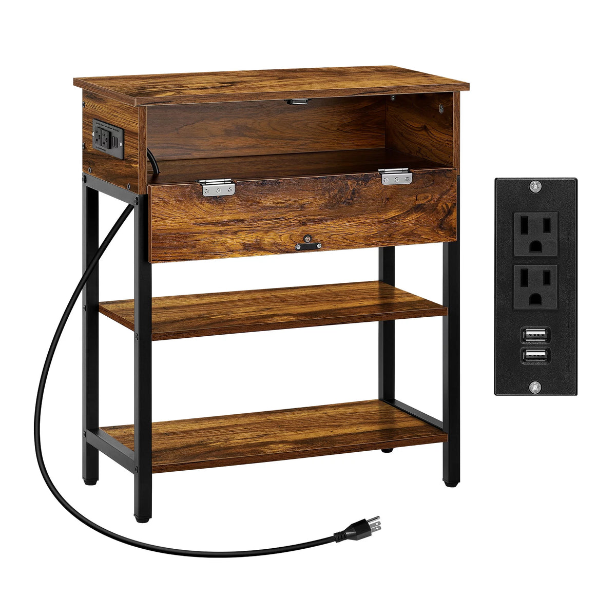 Brown Narrow End Table with Charging Station and Storage Shelf Y84273