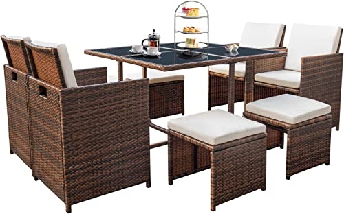 9 Pieces Patio Dining Set Rattan Chairs Glass Table Cushioned Seating W747