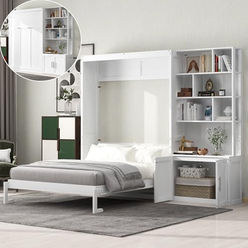 Full Size Solid Wood Foldable Murphy Bed Cabinet with Storage Shelves Y291768