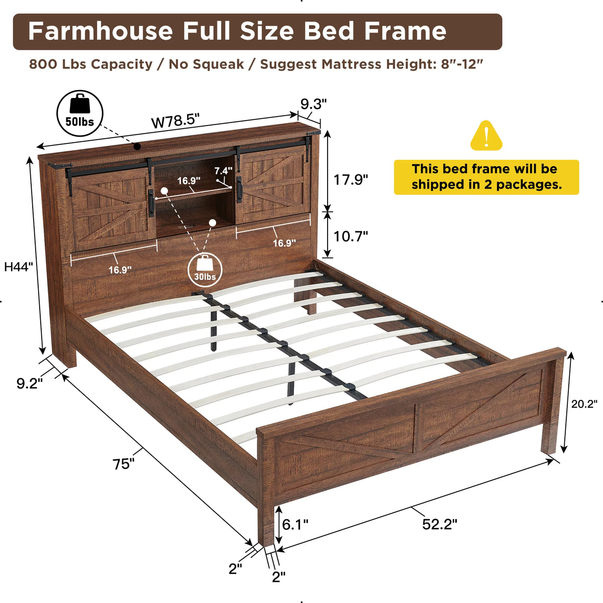 Full Platform Bed with Bookcase Headboard Storage and Charging Station X379780