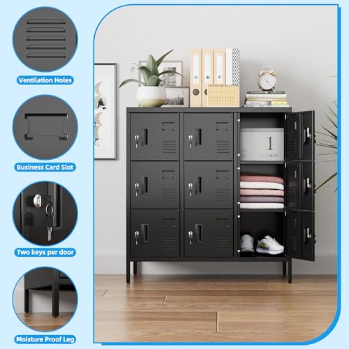Metal Locker with Padlock and Keys, 9 Doors Black Steel Storage Locker Cabinet V19444