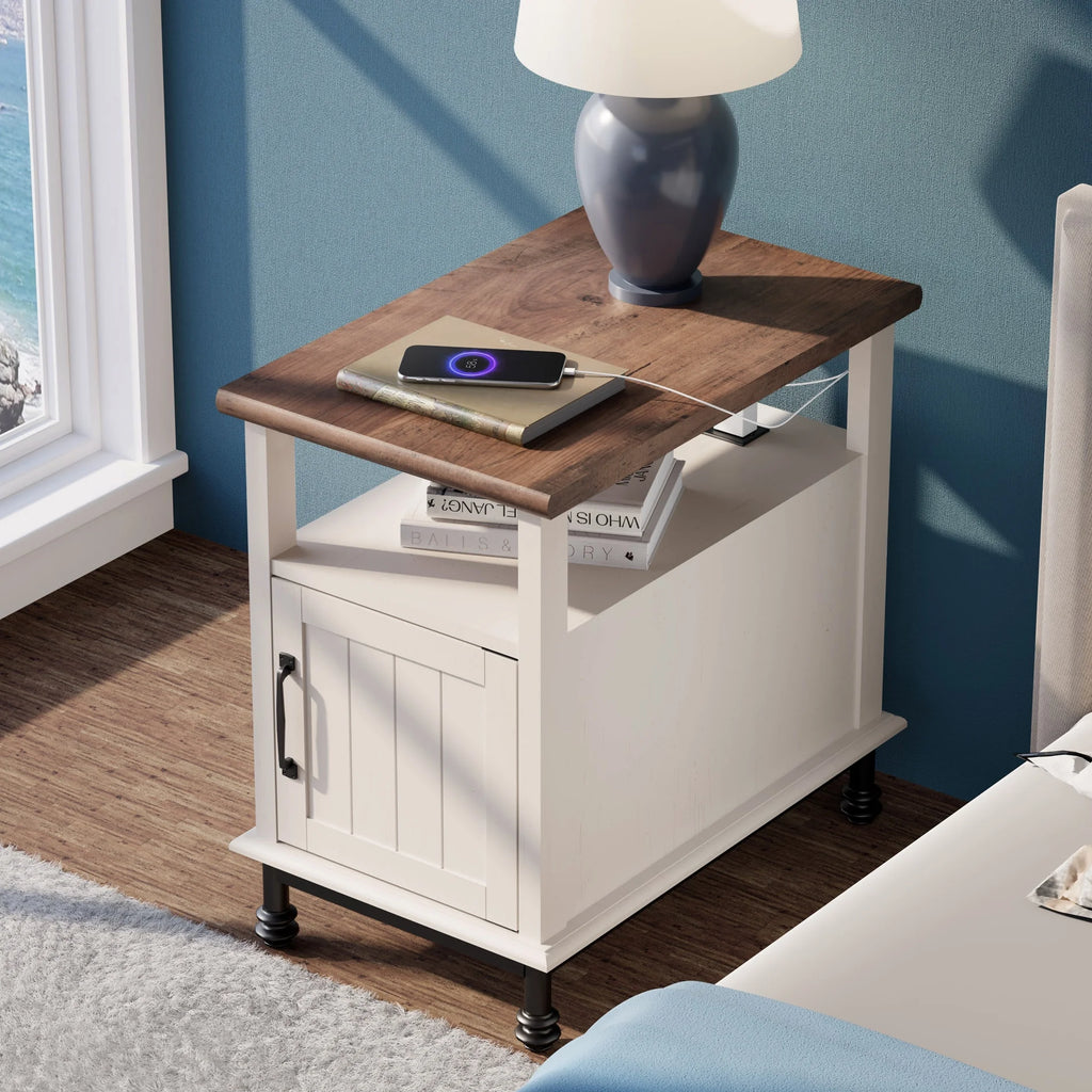 White Oak Side Table with Charging Station and Drawer N894