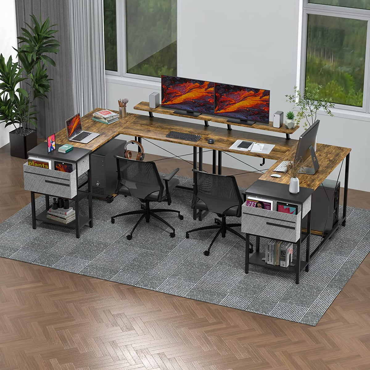 L Shaped Desk with Drawers and Storage Shelves T19662