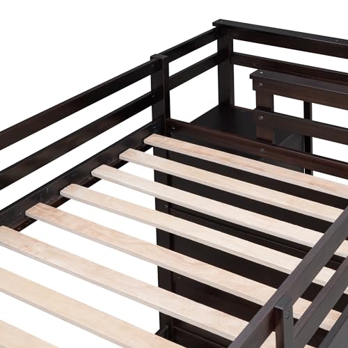 Full Over Full Wood Bunk Bed with Twin Trundle and Stairs, Espresso S7265