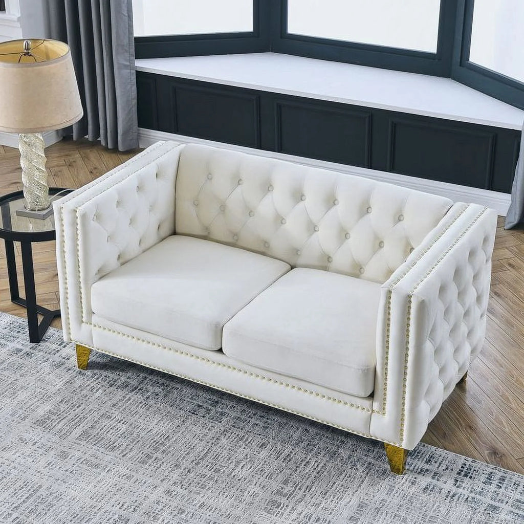 Beige Velvet 2 Seater Tufted Sofa V32079