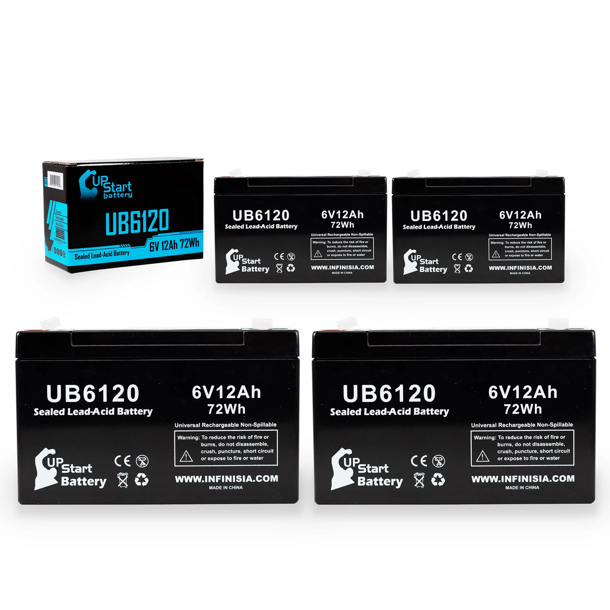 6V 12Ah Sealed Lead Acid Battery 4x Pack with F1 to F2 Terminal Adapters E633123