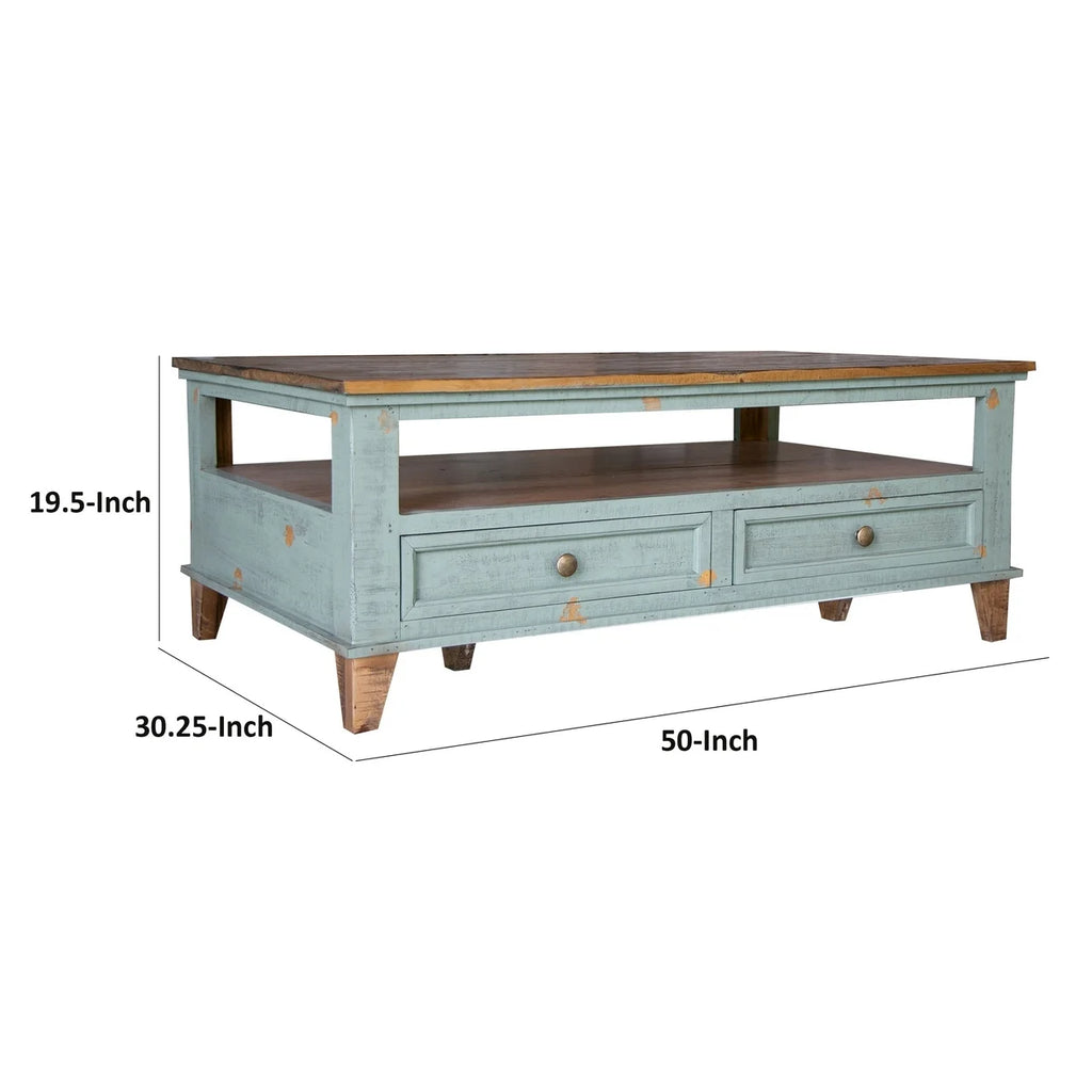 50 Inch 4 Drawers Teal Blue Pine Wood Coffee Table G31080