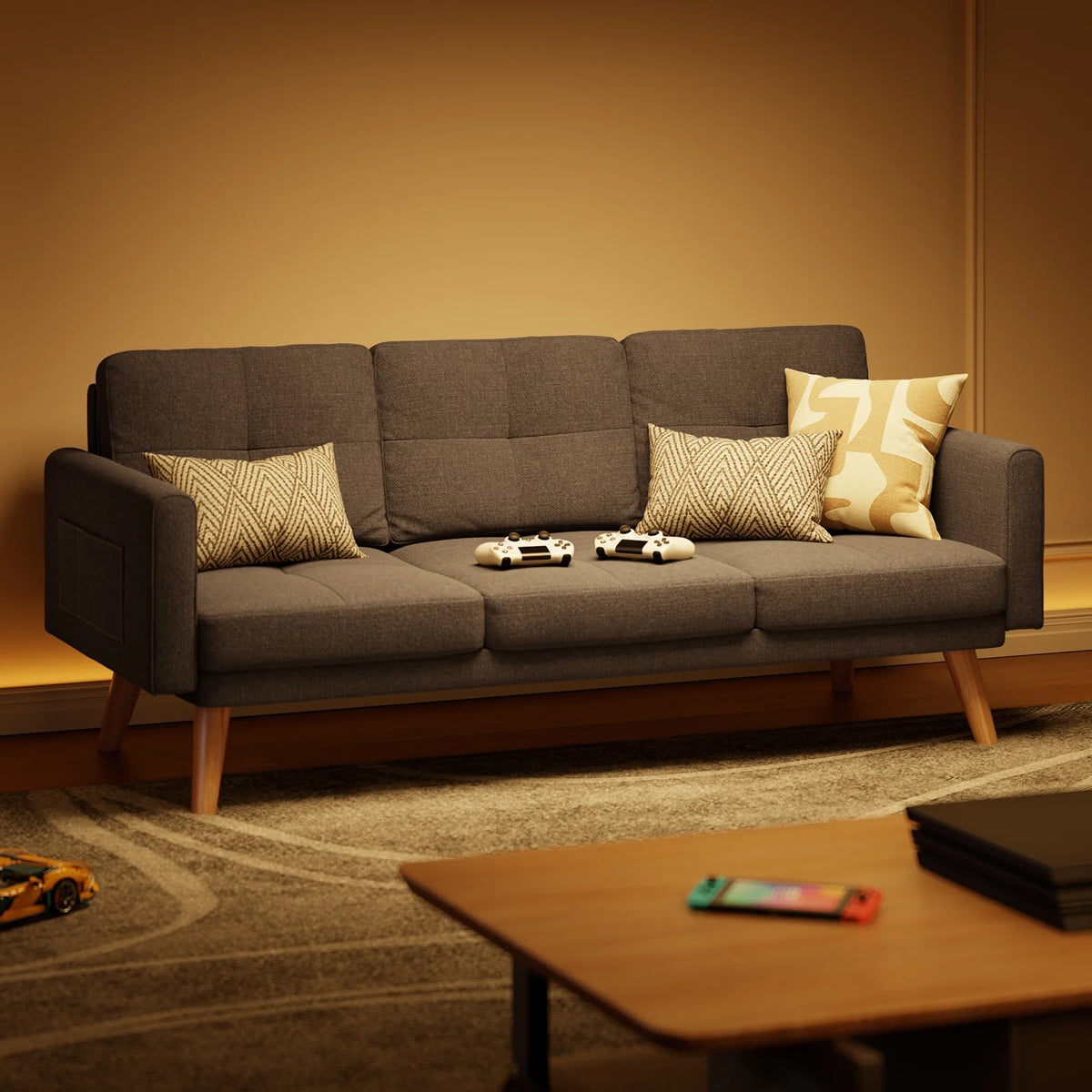 Futon Sofa Bed Upholstered Couch with Curved Arm Dark Gray E5224